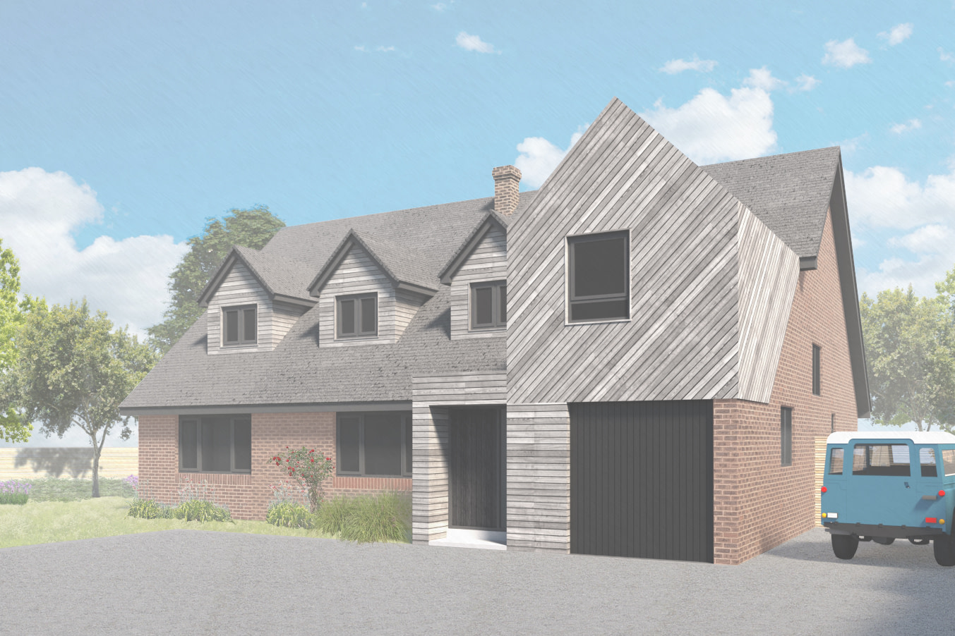 Perspective view showing the front elevation, with timber clad entrance porch and bedroom above