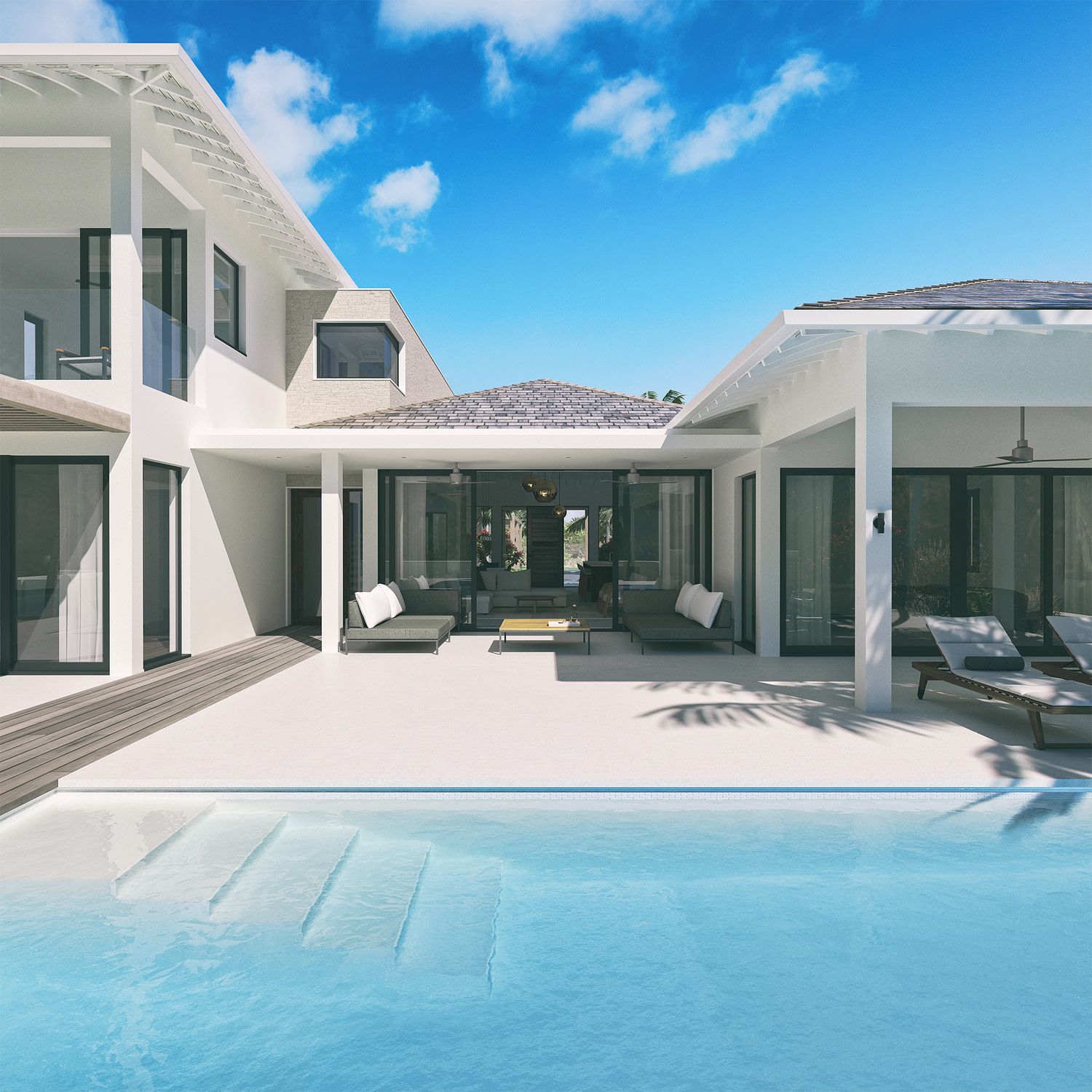 Rendered image of the swimming pool and villa