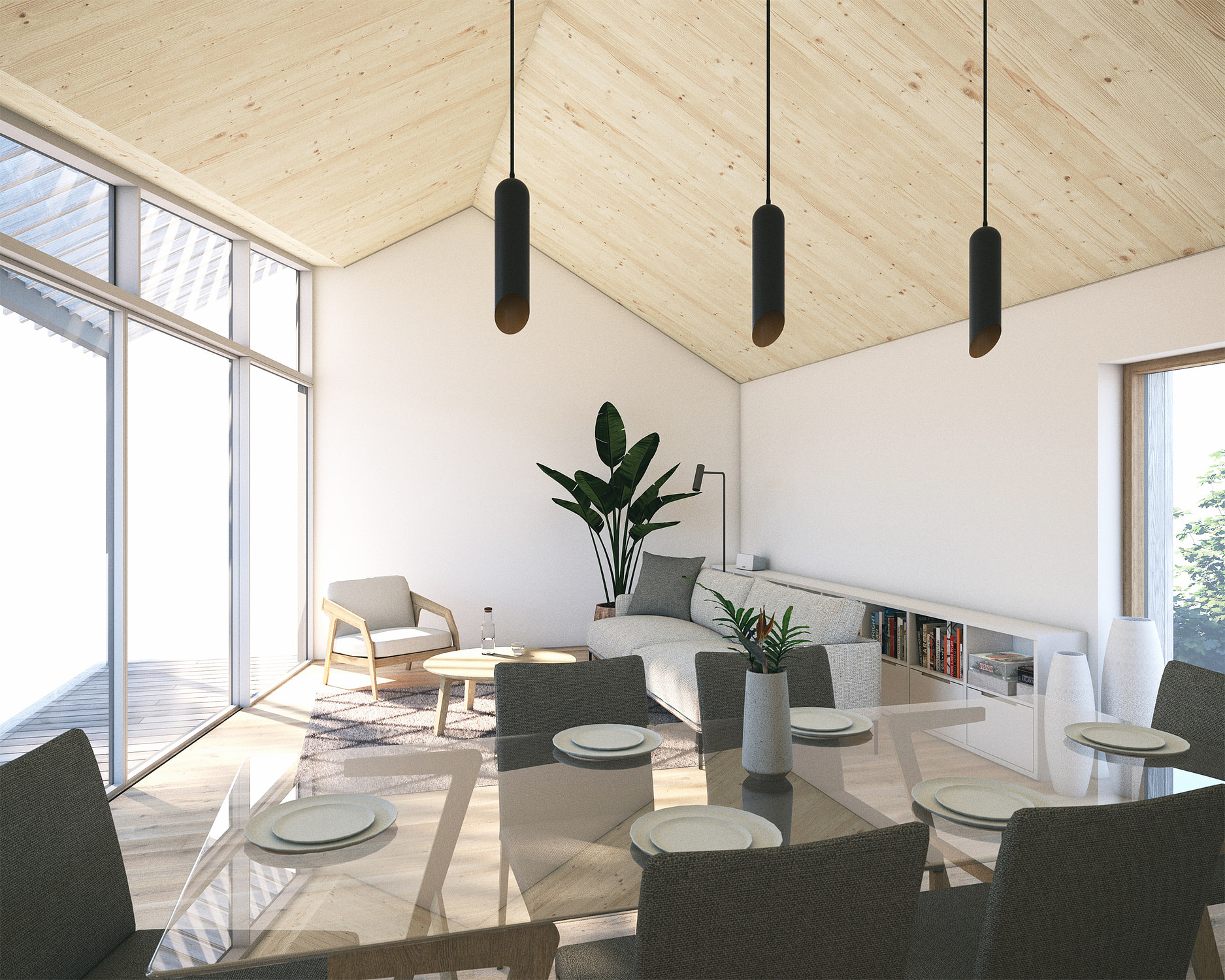 Computer render illustrating the first floor open plan living areas, with exposed cross-laminated timber (CLT) ceilings
